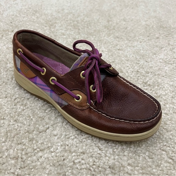 Sperry Women’s Bluefish 5M Purple Plaid 2-Eye Boat Shoe Top Sider Brown Leather, - Picture 10 of 16